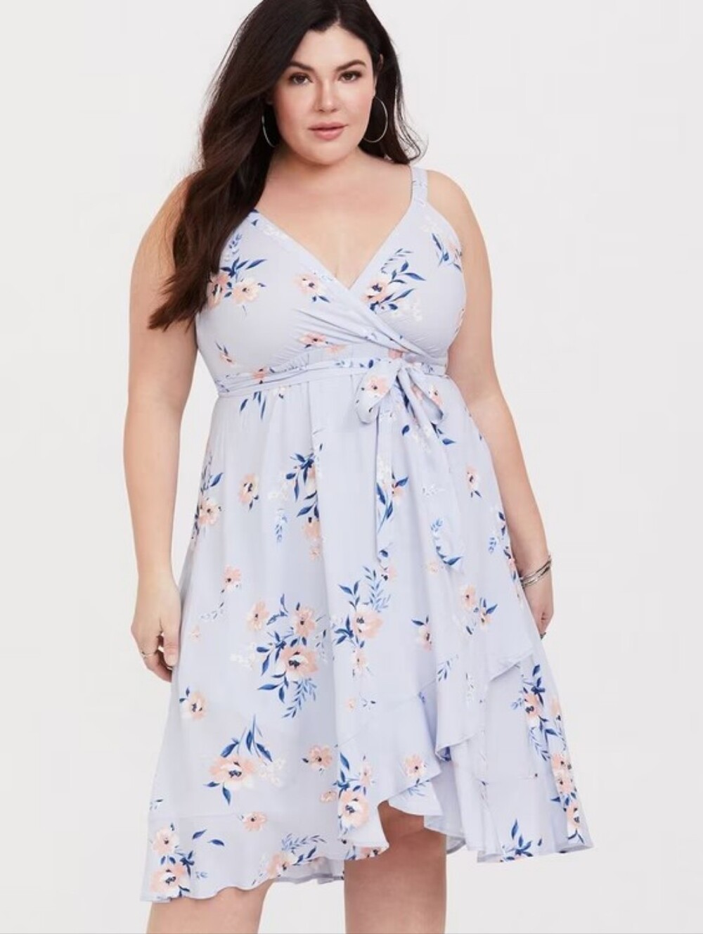 Torrid Floral Challis Wrap Dress Size 1X Blue Ruffle Hem EUC